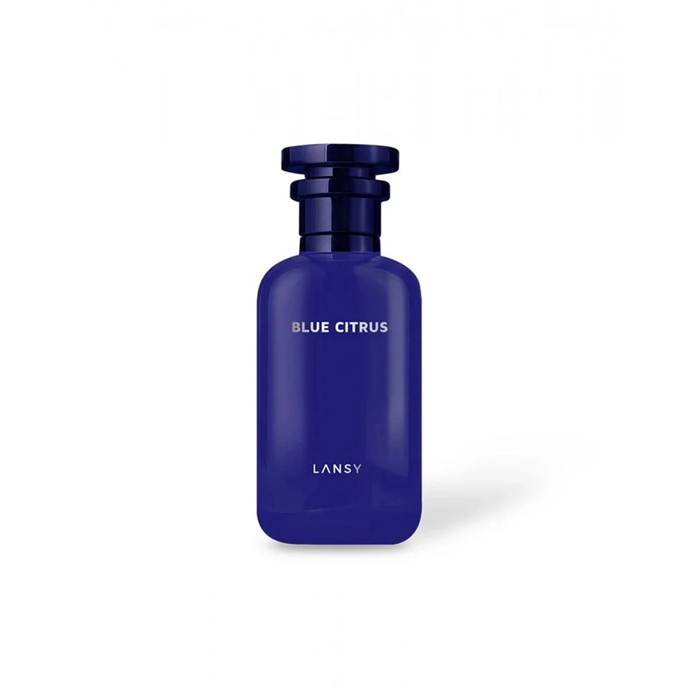 Blue citrus perfume bottle by Lansy on a white background
