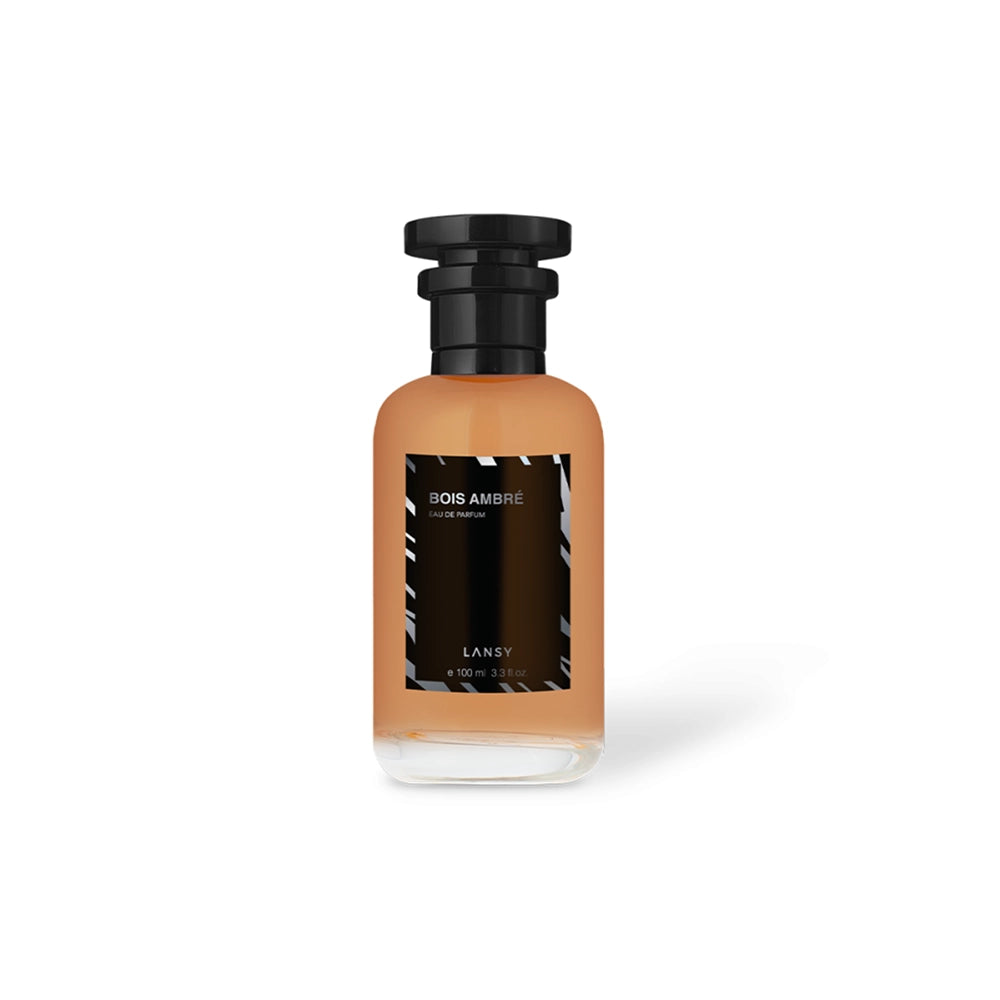 Perfume bottle with a black and brown label on a white background