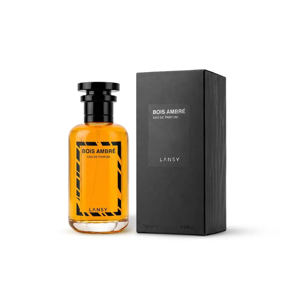 LANSY Bois Ambre Eau de Parfum bottle with amber liquid and textured black packaging on a white background.