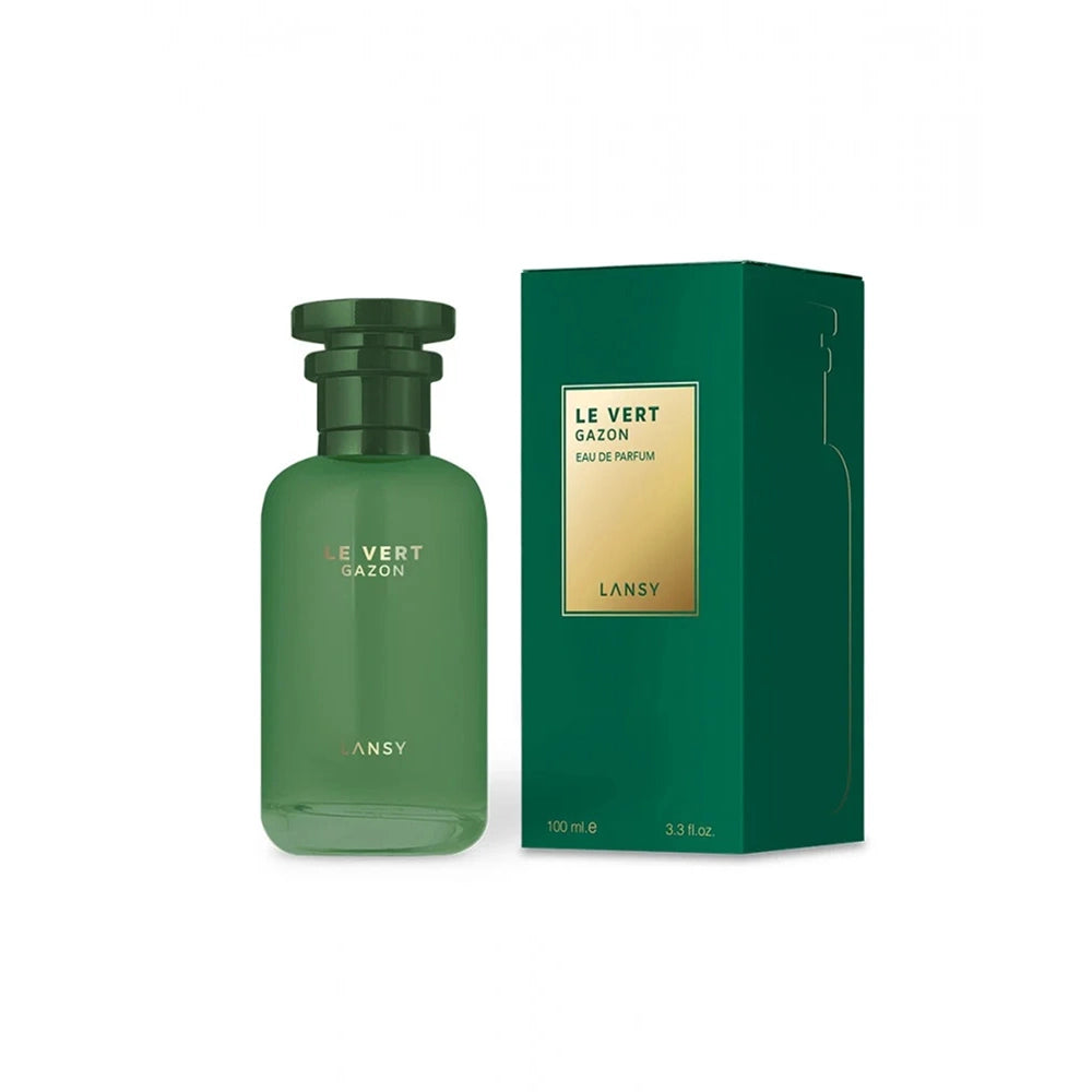 LANSY Le Vert Gazon green perfume bottle with matching packaging on a white background.