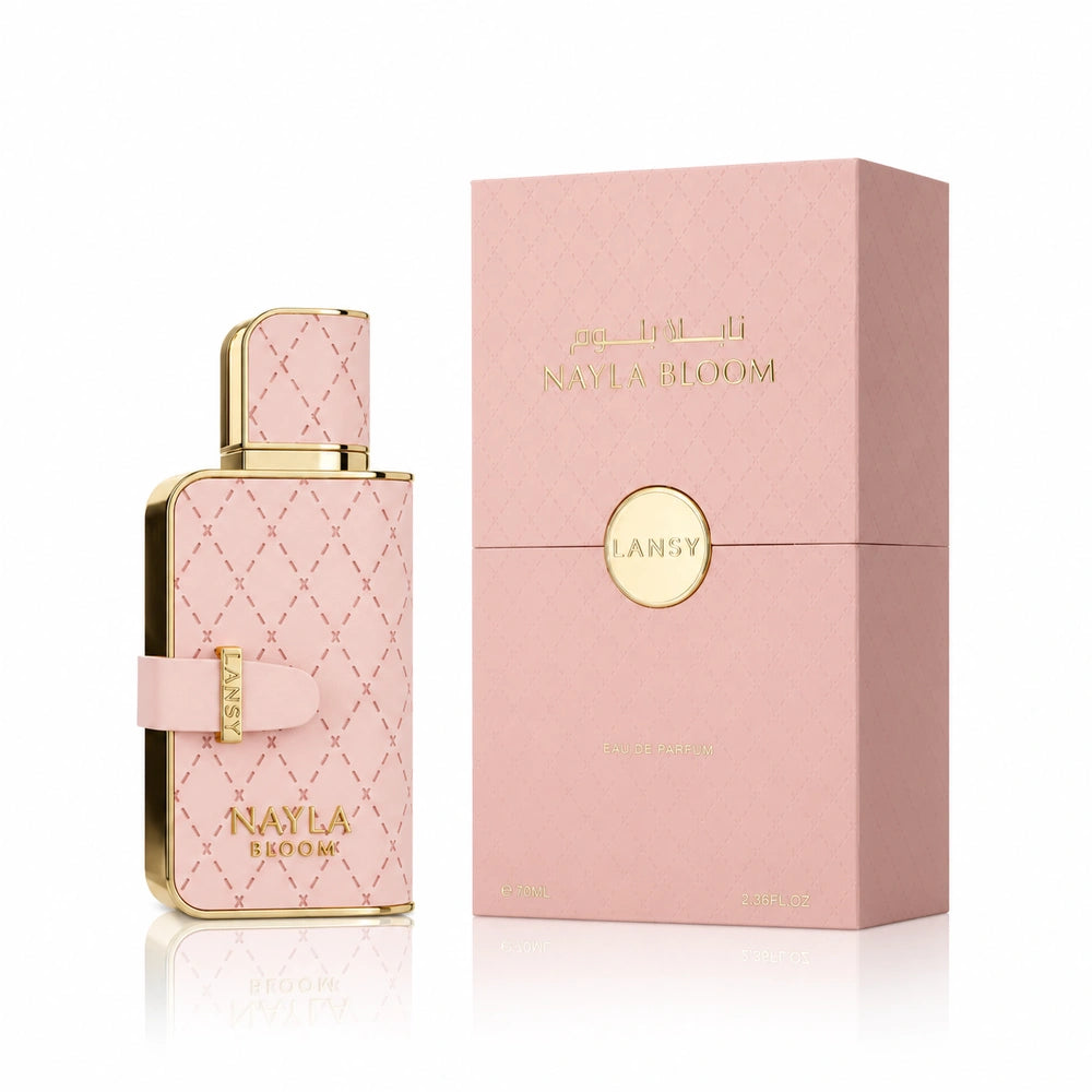 LANSY Nayla Bloom Eau de Parfum bottle with matching pink quilted gift box and gold trim.