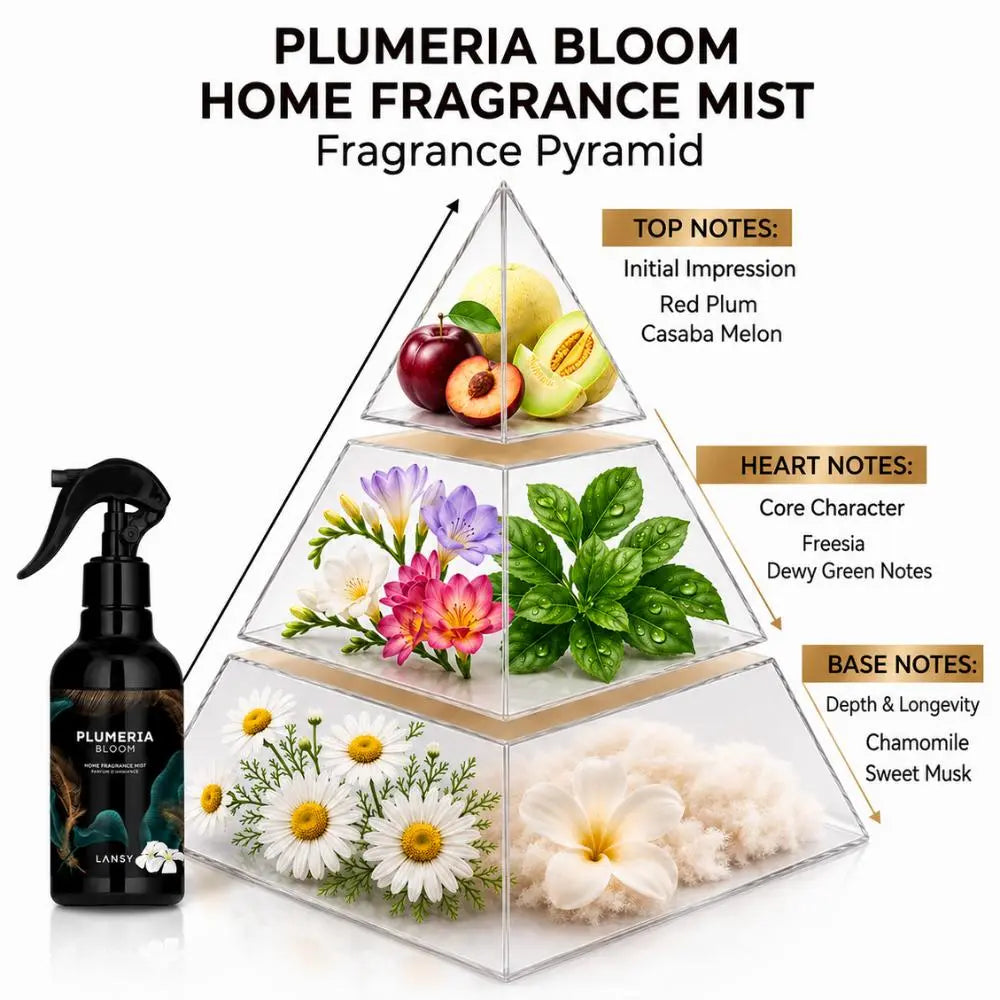 LANSY Plumeria Bloom Home Fragrance Mist pyramid showing plum, melon, floral, chamomile and sweet musk notes.