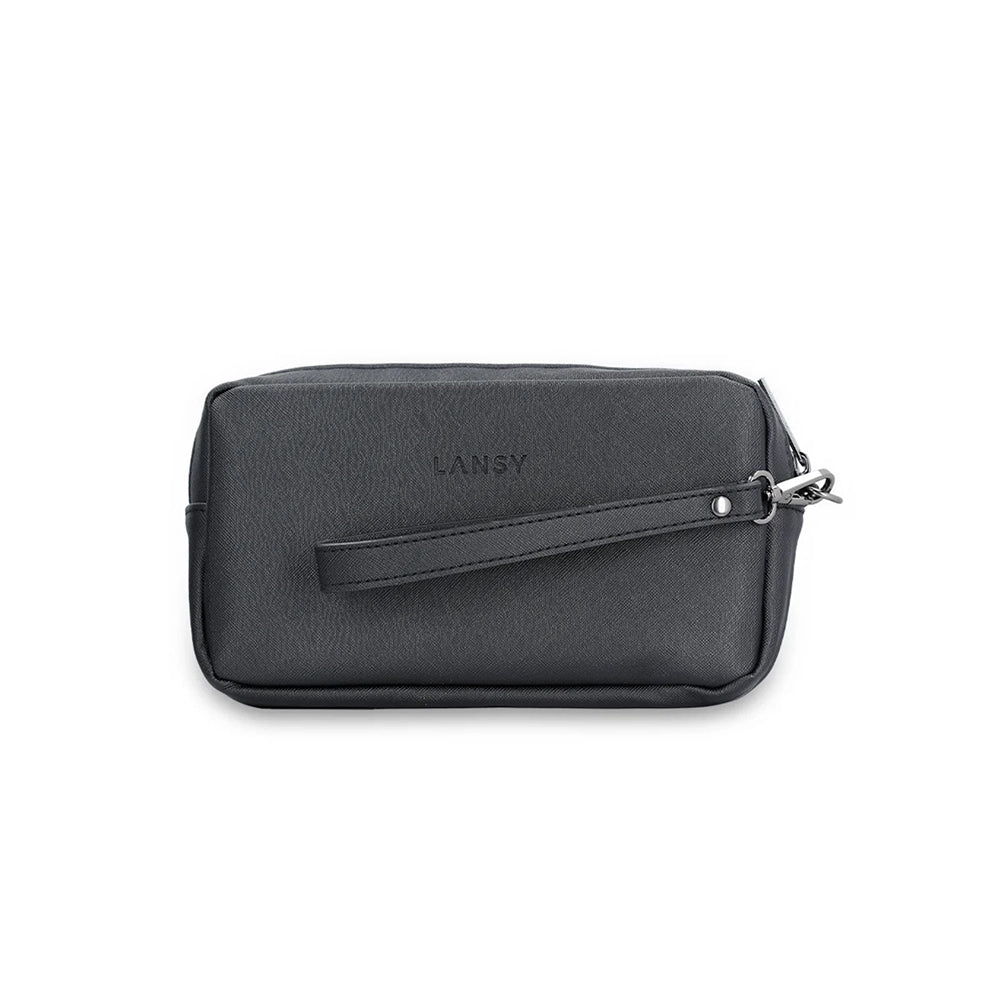 Black handbag with a strap on a white background