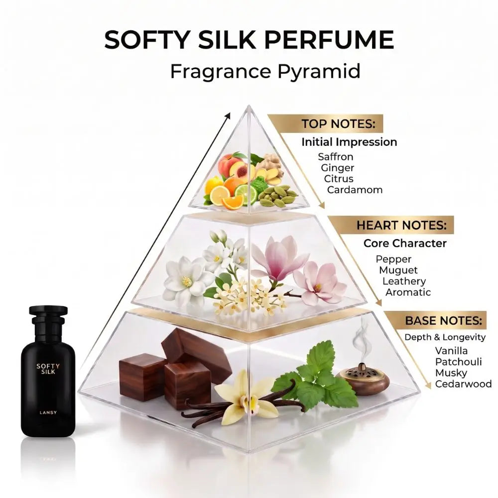 Fragrance pyramid graphic for Softy Silk Perfume listing top notes (Saffron, Ginger, Citrus, Cardamom), heart notes (Pepper, Muguet), and base notes (Vanilla, Patchouli, Musk).