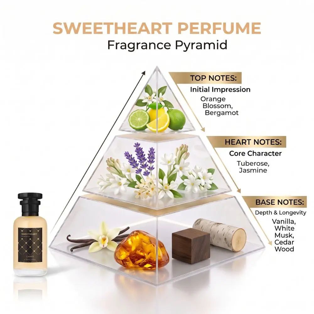 Sweetheart Perfume fragrance pyramid diagram displaying the top, heart, and base olfactory notes with ingredients.
