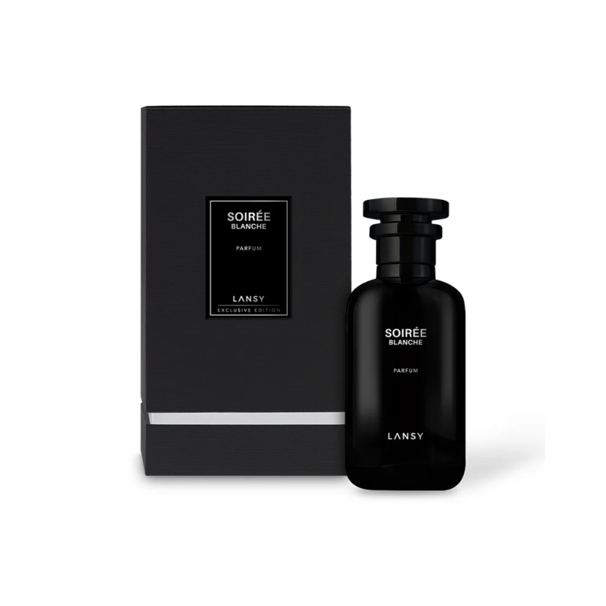 Black Lansy perfume bottle and packaging on a white background