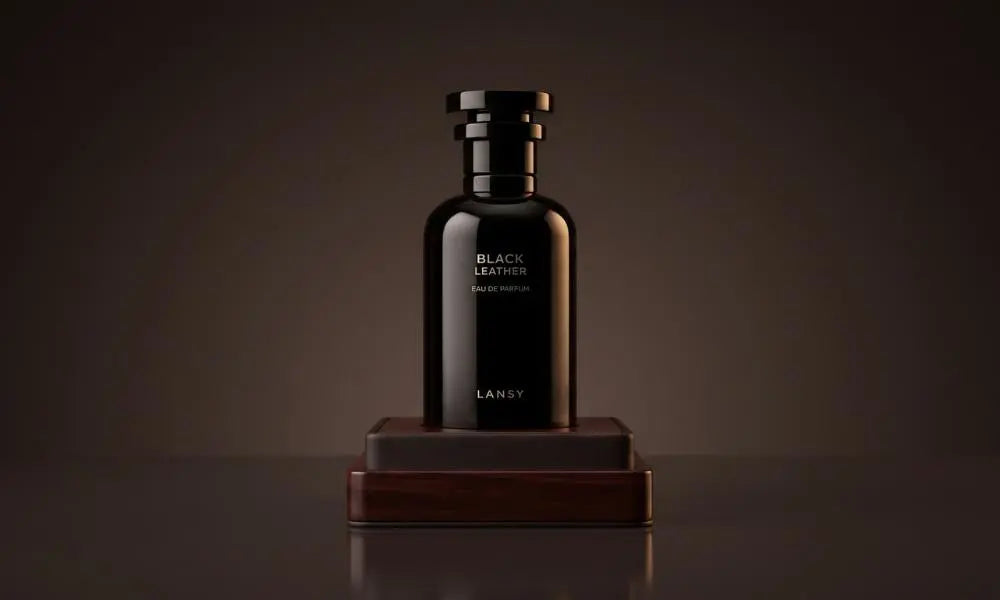 A short product photograph of a black Lansy perfume bottle on a wooden base against a dark brown background.