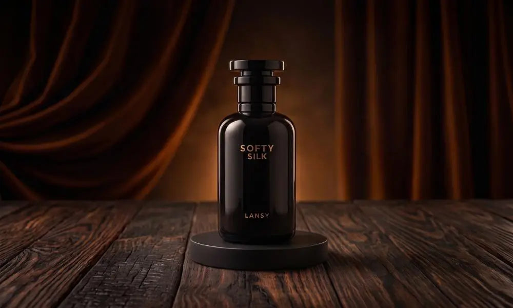A glossy black perfume bottle labeled "SOFTY SILK LANSY" in gold text, centered on a low black circular display stand on a dark rustic wooden table, set against a background of warm brown draped silk curtains.