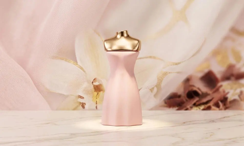 A photo of a dress-shaped perfume bottle.