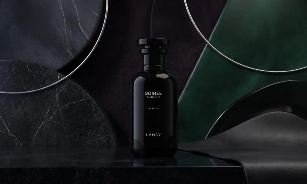 LANSY Soirée Blanche Parfum bottle on a dark luxury background.