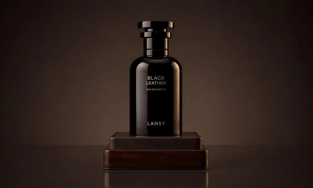 A short product photograph of a black Lansy perfume bottle on a wooden base against a dark brown background.