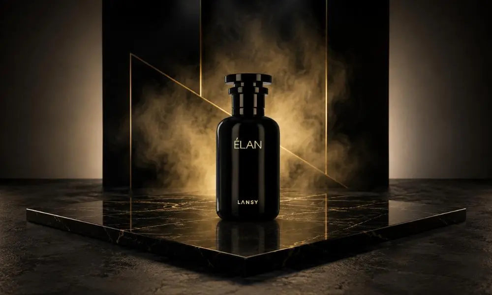 Glossy black ÉLAN perfume bottle by LANSY resting on a polished black marble slab with a sharp reflection, backlit by a warm golden glow and atmospheric smoke.