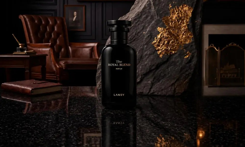 LANSY The Royal Blend Parfum bottle in a luxurious dark interior.