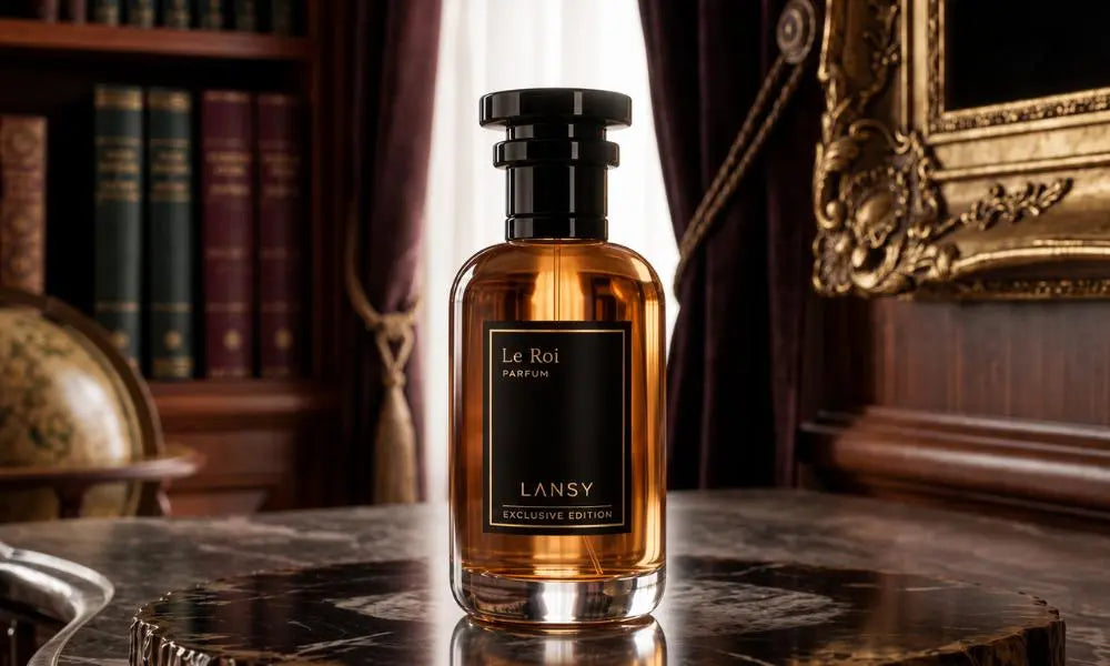 Elegant, luxury perfume bottle "Le Roi by LANSY" on a polished wooden desk inside a classic library setting.
