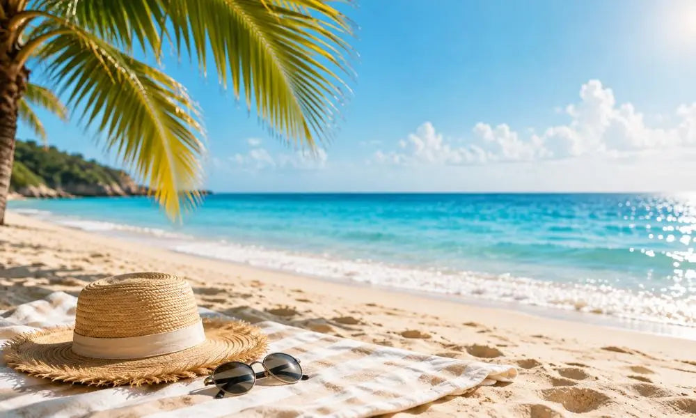 Sunny tropical beach with turquoise water, palm trees, a straw hat, and sunglasses, capturing a relaxing summer vacation atmosphere.