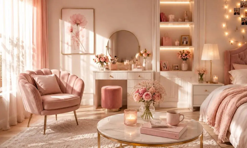 Elegant pink-themed bedroom with a vanity, flowers, soft lighting, and feminine décor, creating a luxurious and romantic atmosphere.