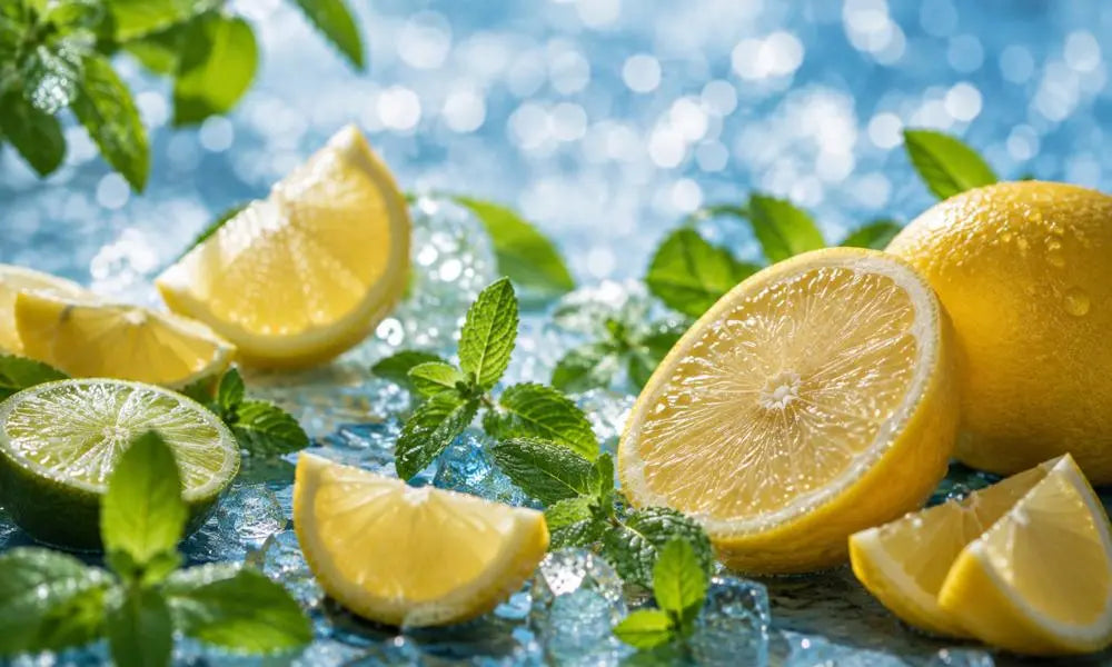 Fresh lemons, lime, mint leaves, and ice create a vibrant citrus scene with a cool, refreshing summer feel.