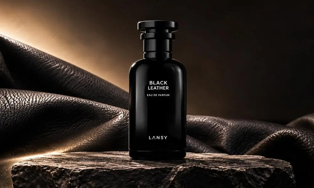 Black Leather by LANSY perfume displayed on a rugged stone with a luxurious dark leather background and warm cinematic lighting.