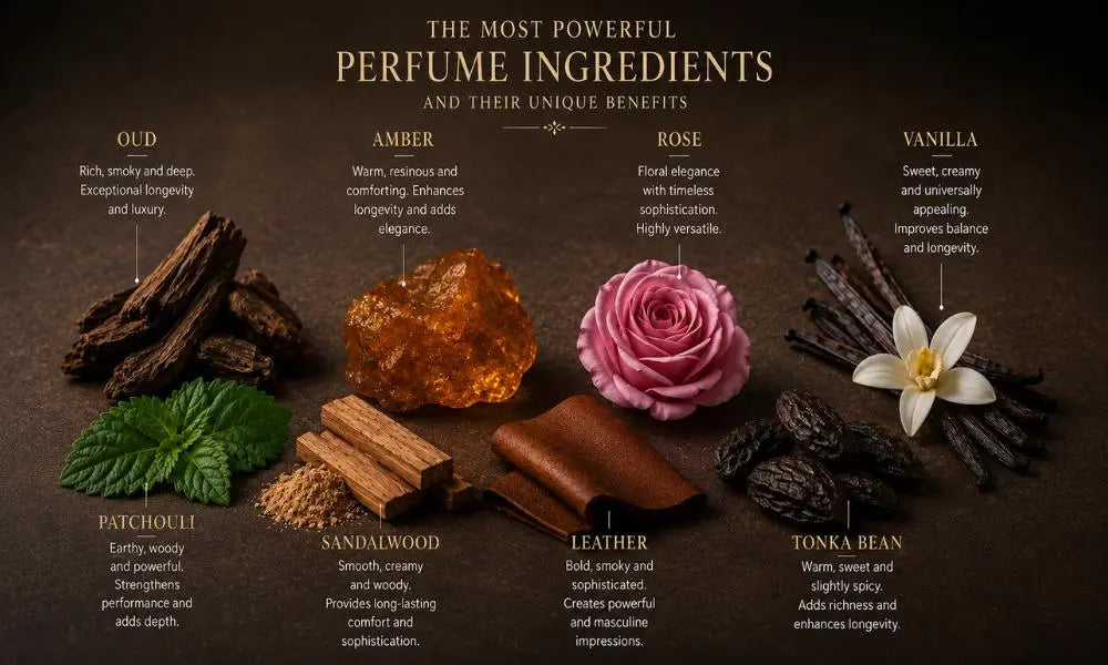 Luxury fragrance ingredients including oud, amber, rose, vanilla, tonka bean, leather, patchouli, and sandalwood arranged in an elegant flat lay composition.