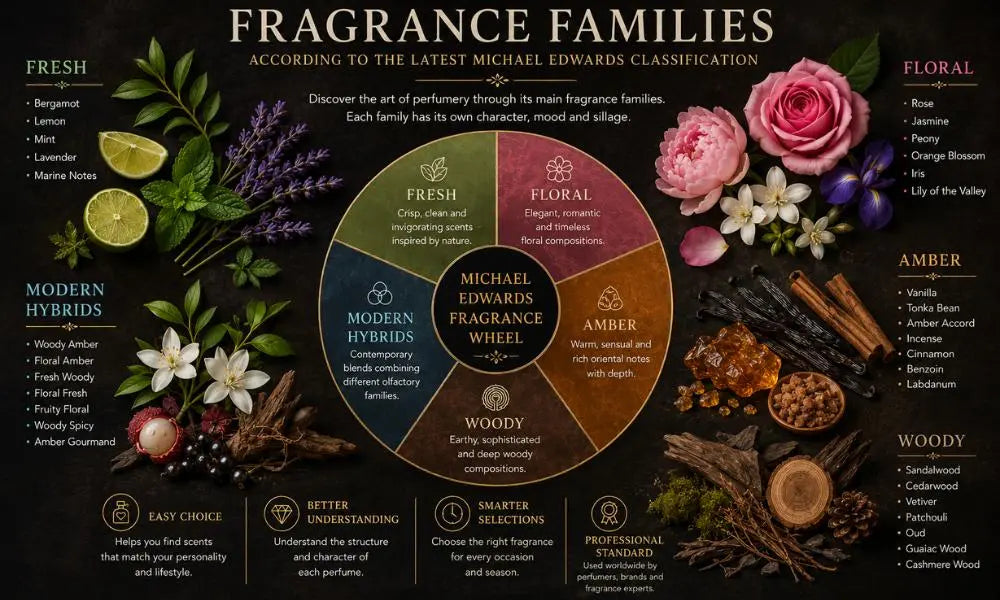 Michael Edwards fragrance wheel illustrating fragrance families with fresh, floral, amber, woody, and modern hybrid scent categories alongside key perfume ingredients.