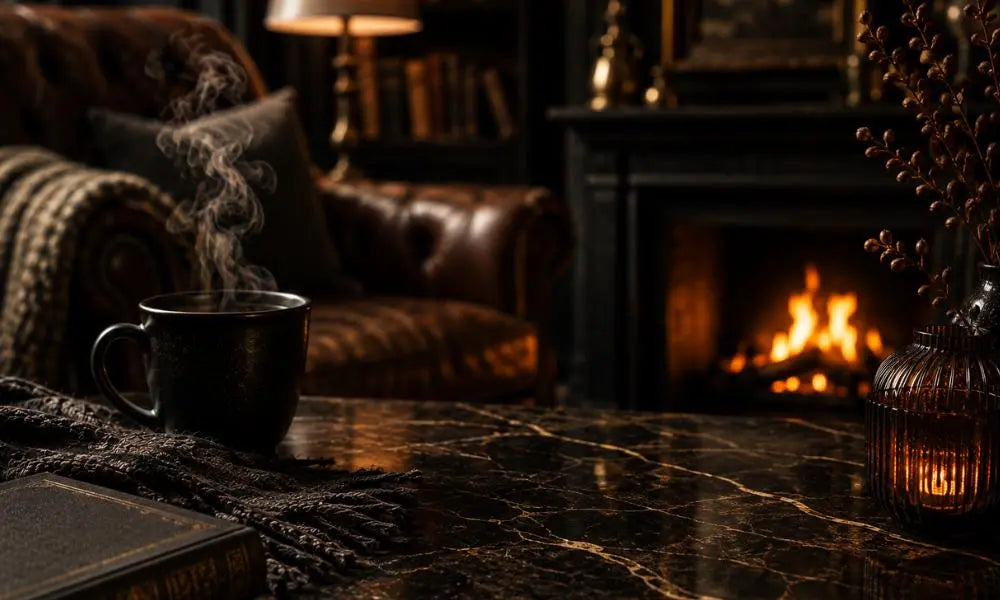 Cozy winter-inspired living room with a steaming coffee cup, leather armchair, and glowing fireplace, creating a warm and relaxing atmosphere.