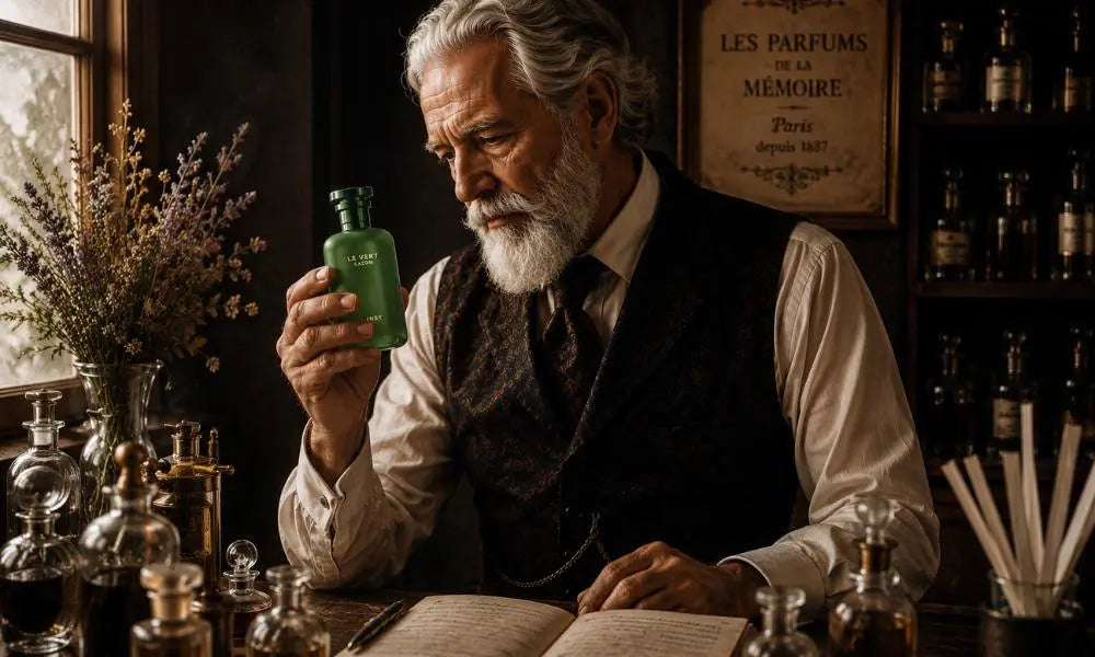 Elderly master perfumer carefully examining a green Le Vert Gazon perfume bottle in a vintage fragrance workshop.