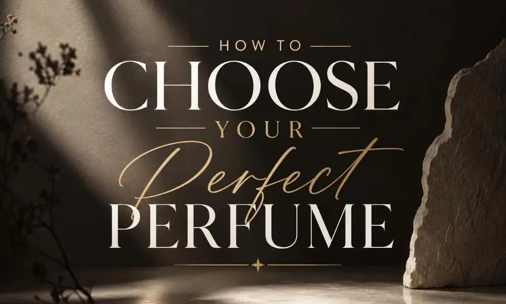 Luxury typography poster with the title "How to Choose Your Perfect Perfume" on a dark, elegant background with warm lighting and stone accents.