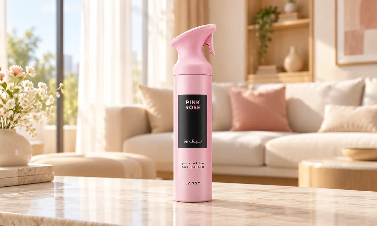 LANSY Pink Rose Air Freshener on a marble table in a sunlit living room