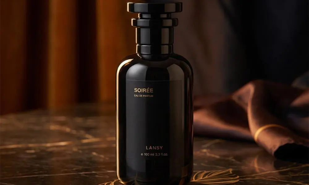 Sleek luxury perfume bottle of Lansy Soiree on a marble vanity