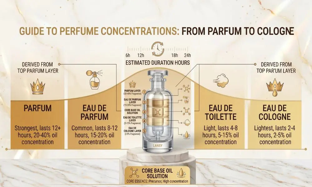 "LANSY infographic guide to perfume concentrations from Parfum to Cologne, showing oil percentages and lasting hours for four main fragrance types."