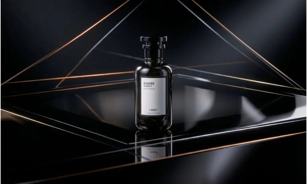 Soirée Blanche perfume by Lansy in an elegant black bottle on glass.