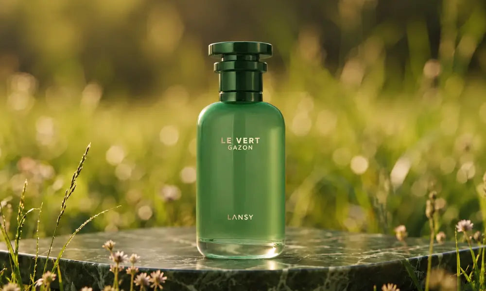 A green glass bottle of "Le Vert Gazon" perfume by Lansy standing on a reflective marble pedestal in a sunlit, grassy field.
