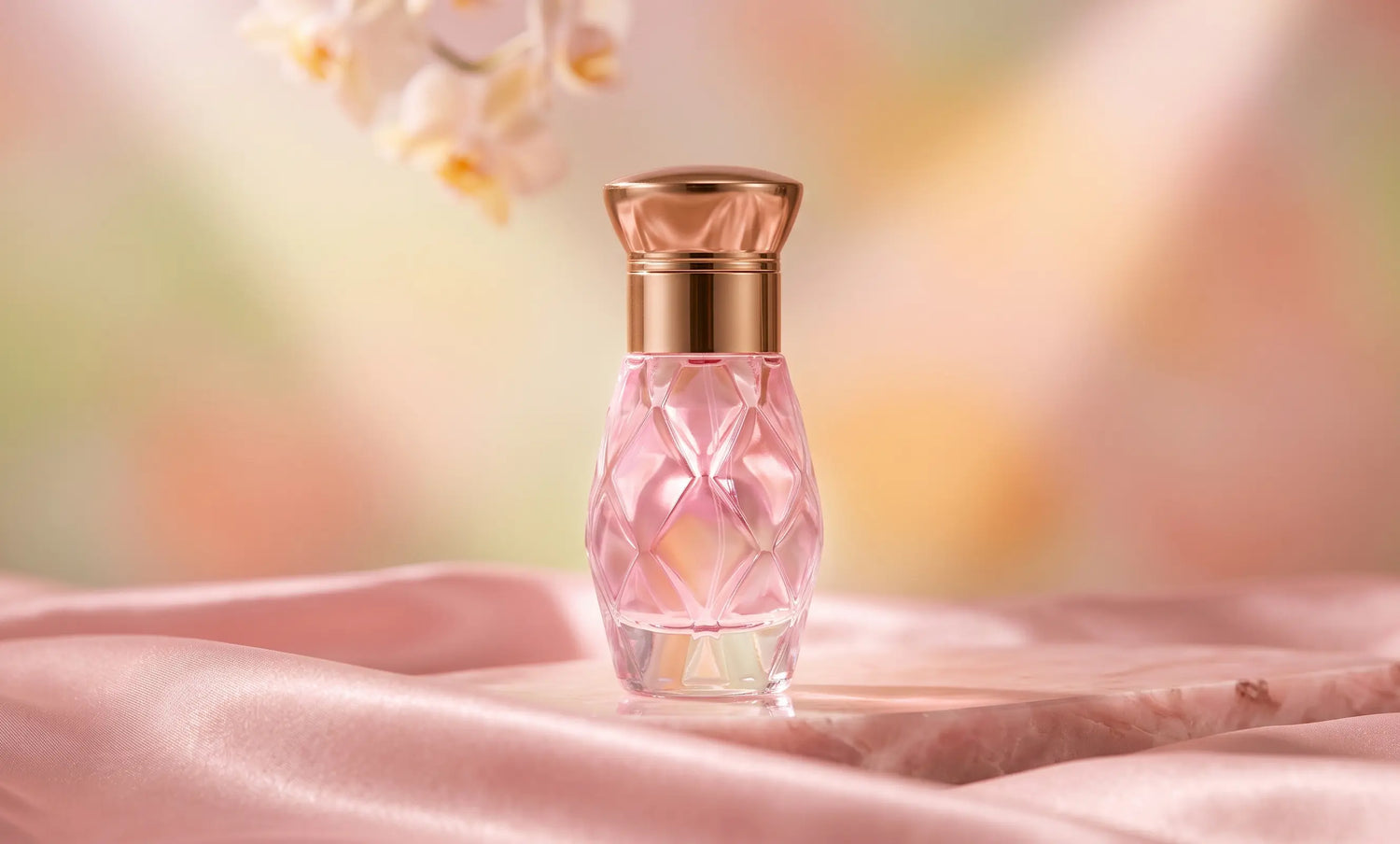LANSY Secret Bloom perfume bottle on pink satin.