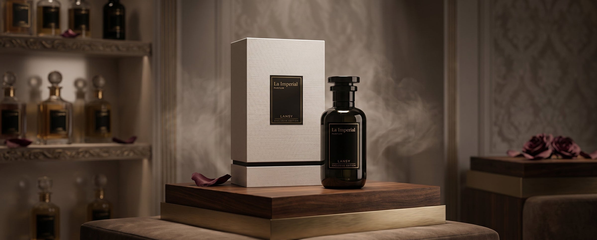 "An elegant display within an exclusive perfume collection, showcasing a luxury fragrance bottle and box on a wooden pedestal with subtle smoke effects and a high-end boutique backdrop."