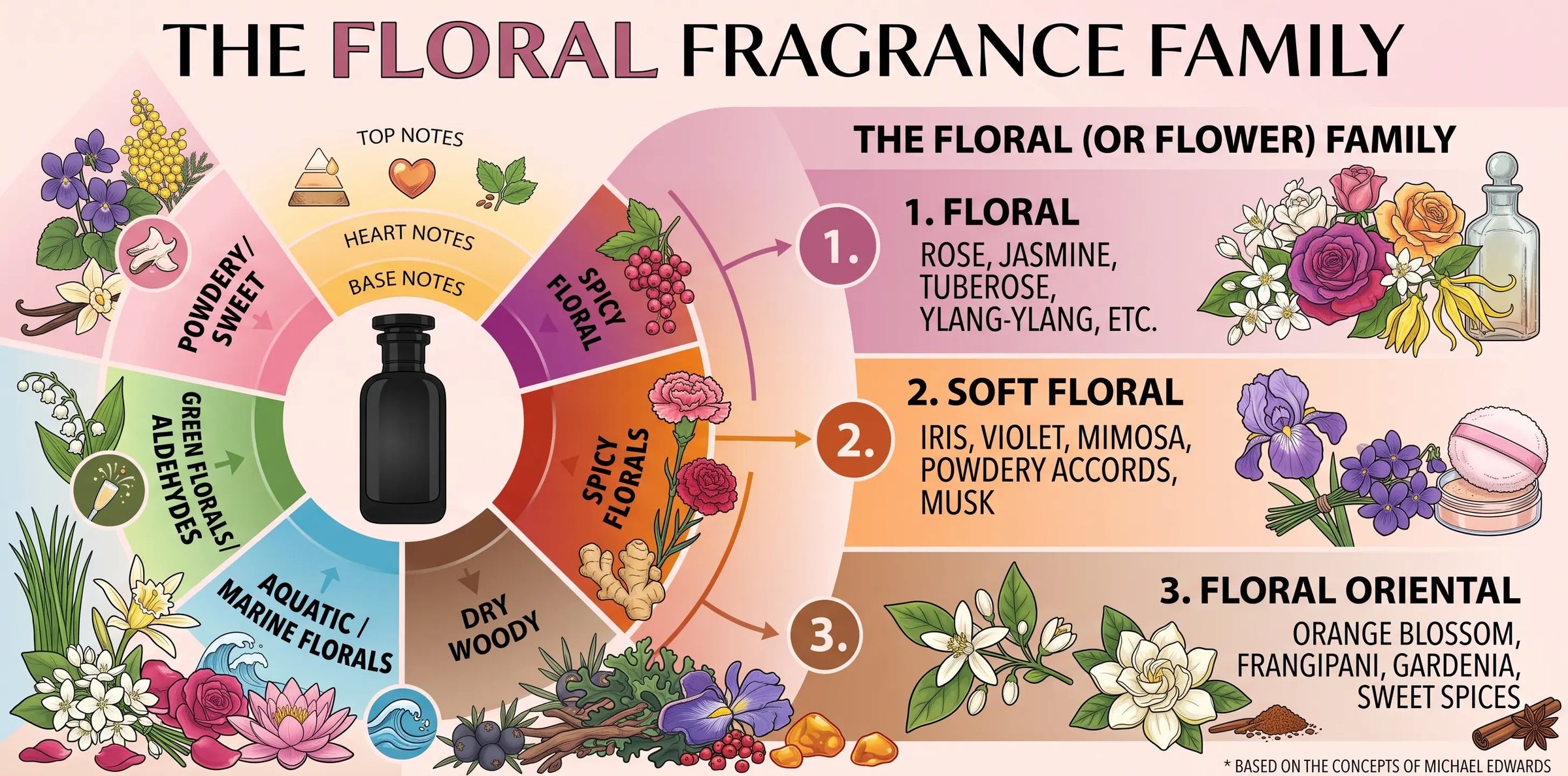 Infographic of The Floral Fragrance Family based on Michael Edwards, showing a scent wheel with ingredients and 3 main notes: Floral, Soft Floral & Floral Oriental.