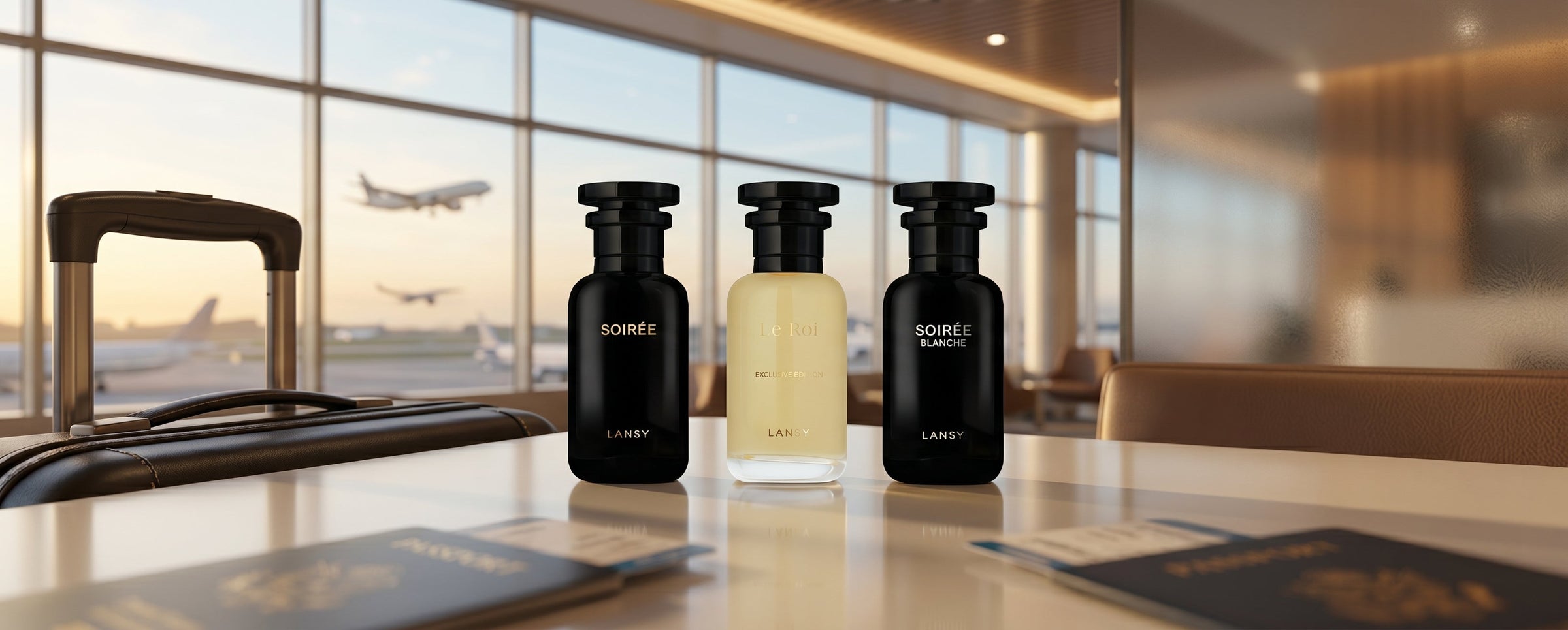Elegant Lansy travel perfume set showcased with luxury travel essentials.
