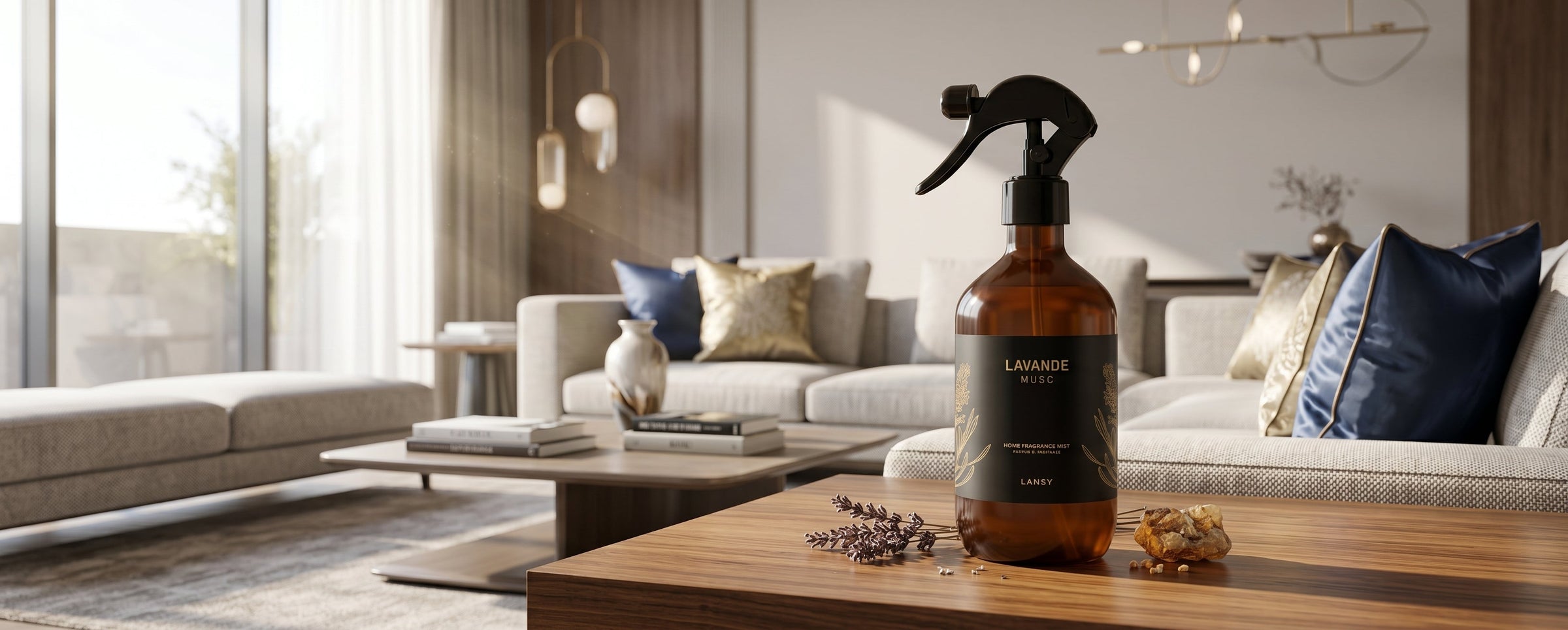 "A professional, luxurious panoramic banner showing a Lansy Lavande Musc home fragrance amber glass spray bottle on a wooden table. The background is a modern, sunlit living room with a sofa and window, creating a fresh morning atmosphere."