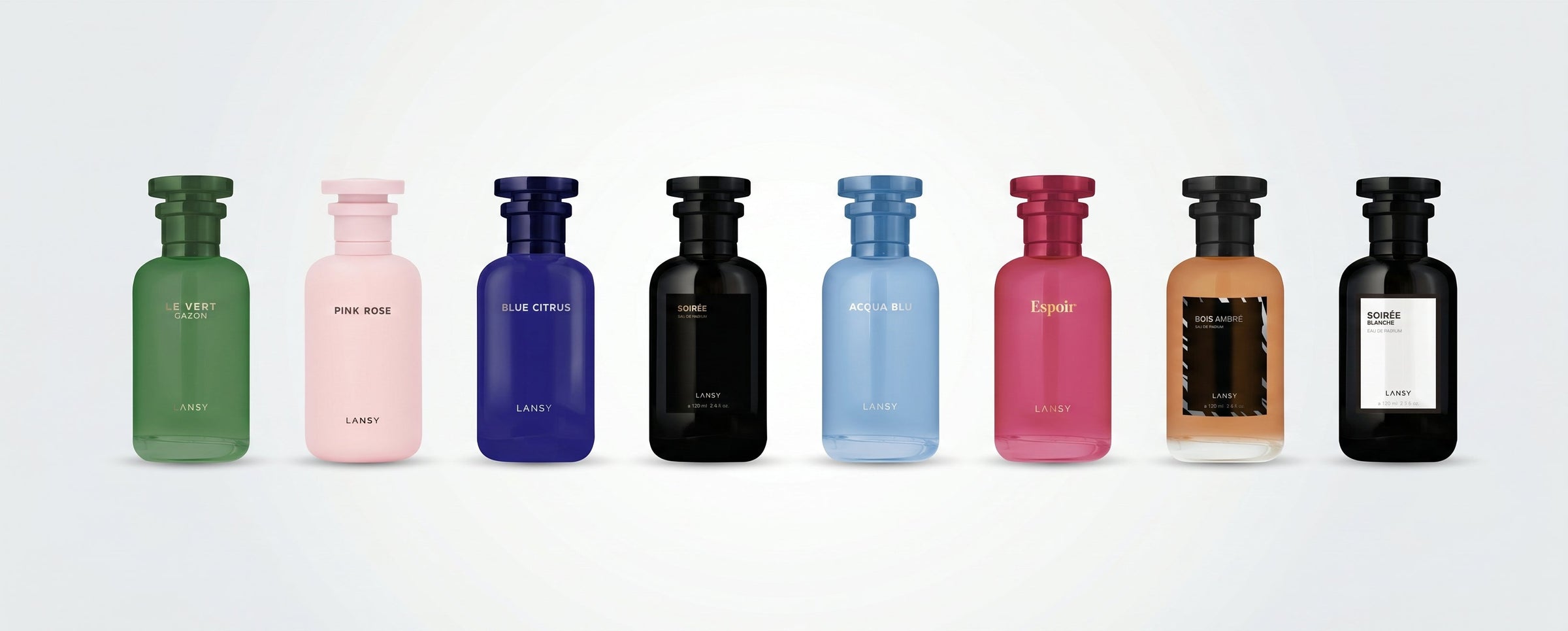"LANSY complete perfume collection banner featuring all eight fragrances: Le Vert Gazon, Pink Rose, Blue Citrus, Soirée, Acqua Blu, Espoir, Bois Ambré, and Soirée Blanche 100ml bottles in a row."