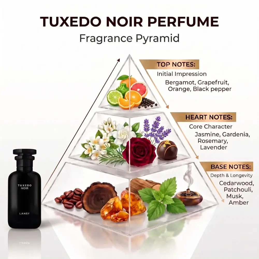 A perfume product graphic showing a clear 3D fragrance pyramid labeled with top notes, heart notes, and base notes, alongside a black Tuxedo Noir perfume bottle on a white background.