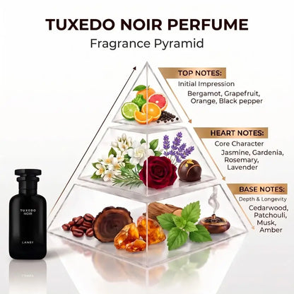A perfume product graphic showing a clear 3D fragrance pyramid labeled with top notes, heart notes, and base notes, alongside a black Tuxedo Noir perfume bottle on a white background.