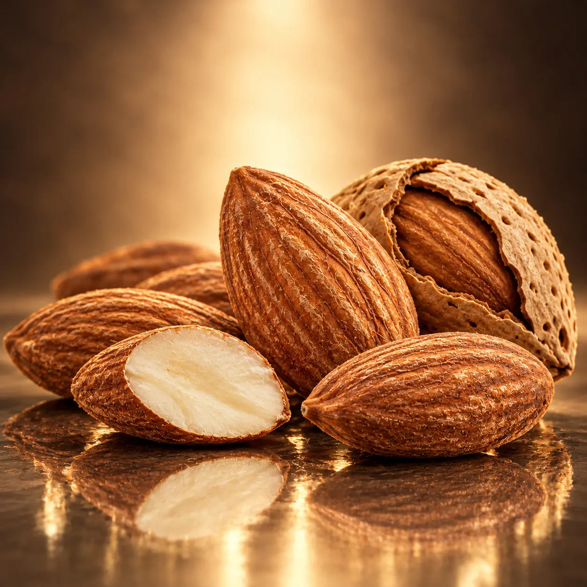A close-up studio shot of several almonds on a reflective surface, with one almond cracked open to show the pale nut interior and another partially peeled. The background is a warm golden-brown gradient.