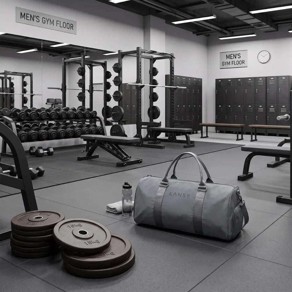 LANSY gray duffel bag with water bottle and weights in a modern men's gym.