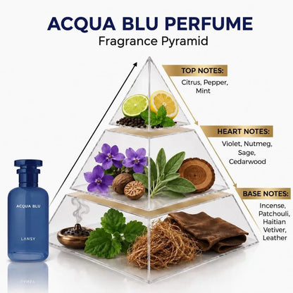 LANSY Acqua Blu perfume fragrance pyramid showing top, heart and base notes.