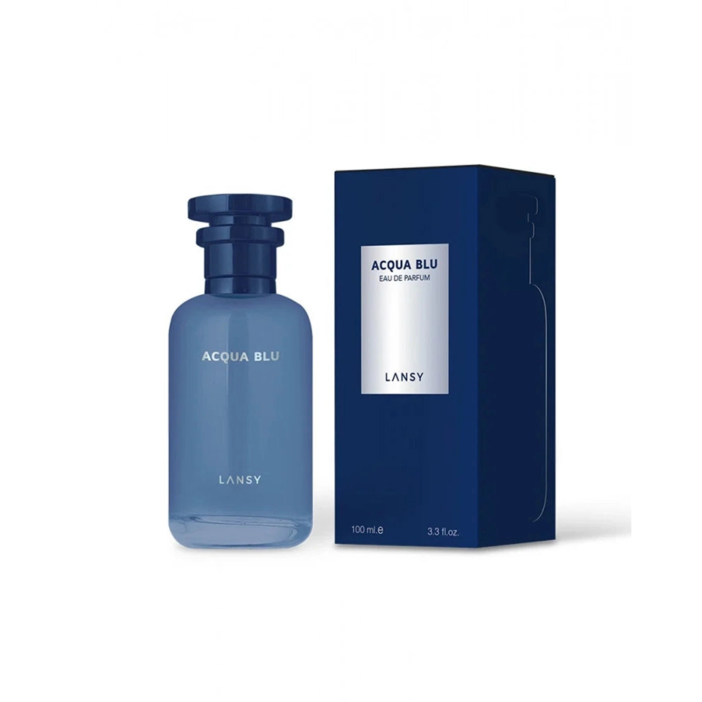 Blue perfume bottle and packaging labeled &