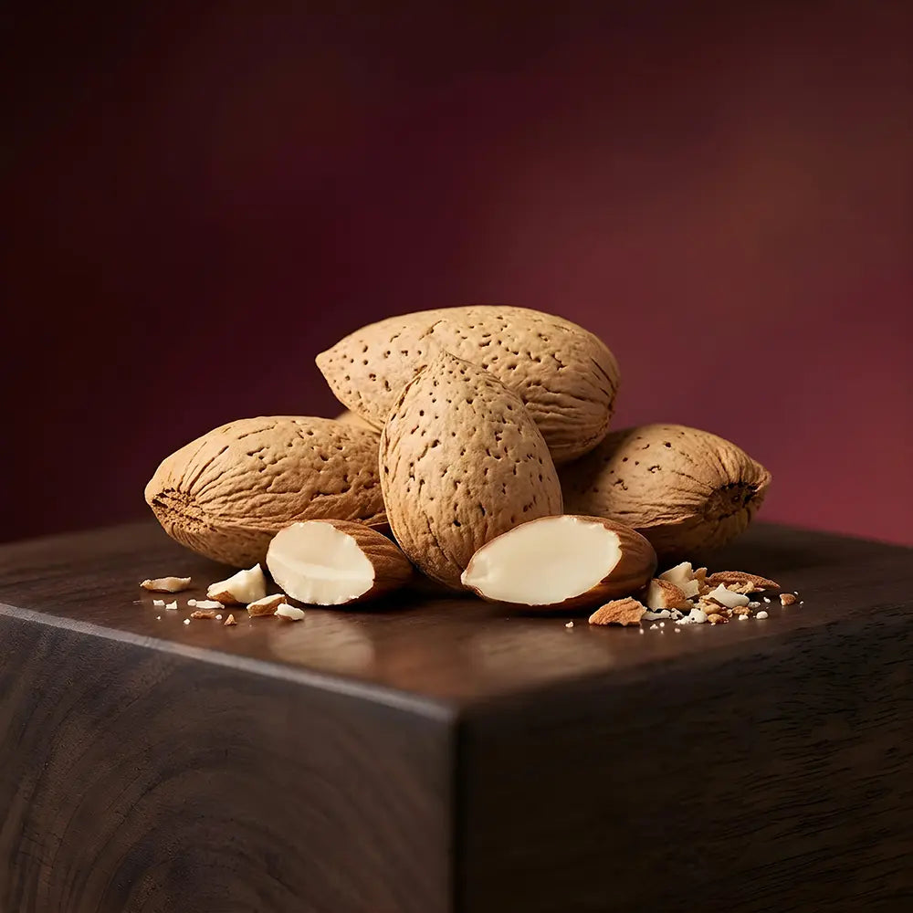 Coconuts on a wooden surface with a dark background