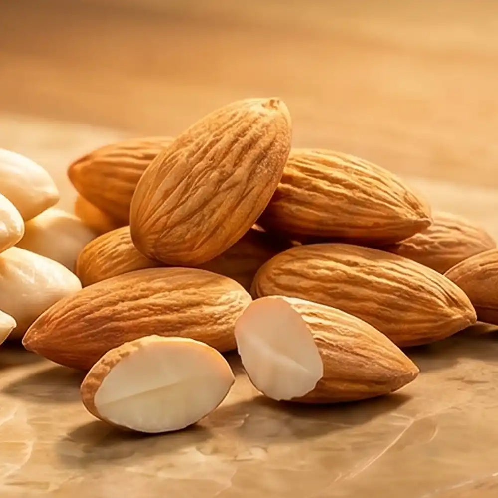 Whole and halved almonds on a warm beige surface.