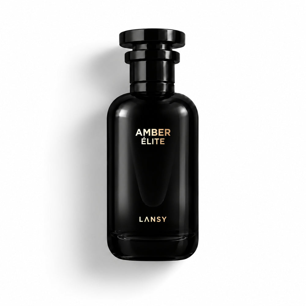 Black LANSY Amber Elite perfume bottle on a white background