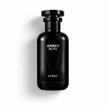Black LANSY Amber Elite perfume bottle on a white background