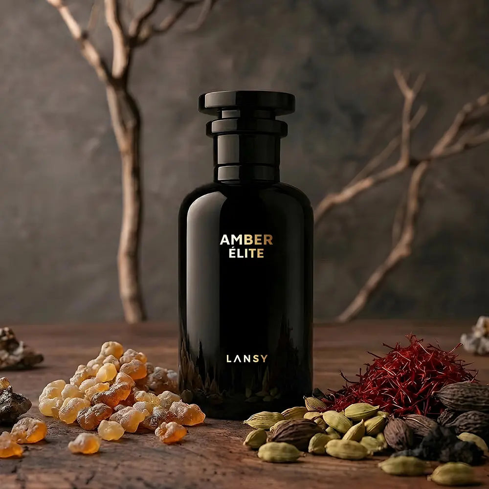 Black Lansy Amber Elite perfume bottle with spices and herbs on a wooden surface