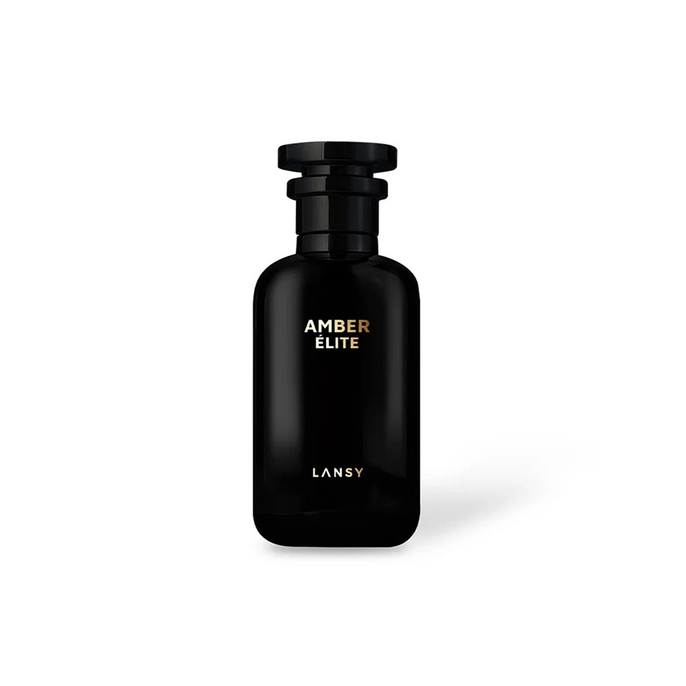 Black LANSY Amber Elite perfume bottle on a white background